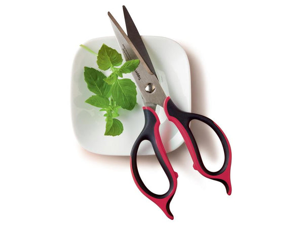 tupperware universal series kitchen shears with a side of mint leaf on a white plate