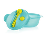 Blue tupperware hot food on the go plus set container with matching yellow knife, fork and spoon utensils on a white background