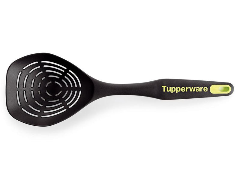 tupperware scoop n drain black with yellow logo