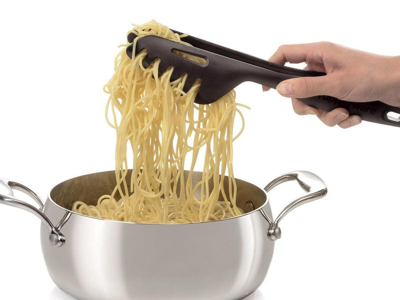 tupperware black tongs grabbing pasta