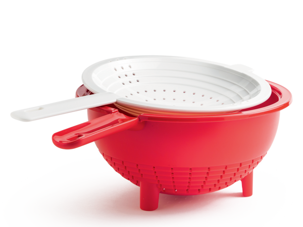 tupperware double colander with red base and white strainer