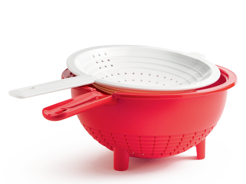 tupperware double colander with red base and white strainer