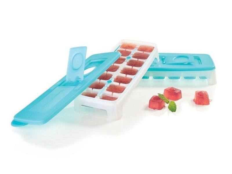 tupperware fresh and pure ice tray on white background filled with red ice cubes