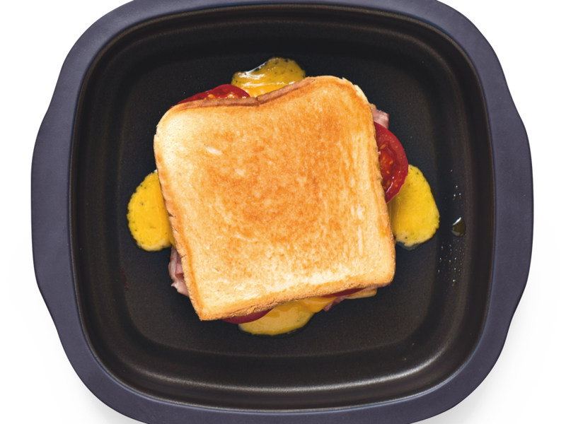 grilled cheese with toasted white bread in a tupperware micropro grill