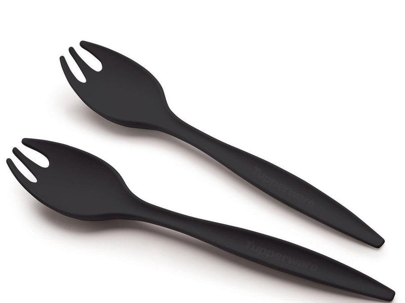 two black tupperware serving forks