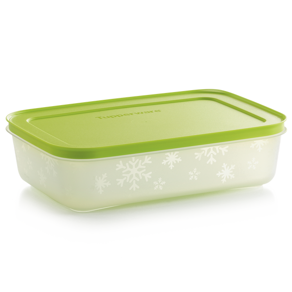 Tupperware Freezer mates Plus medium shallow with green top and snowflakes on outside of container