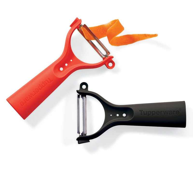 Tupperware 5 in 1 universal peeler in black and red with orange peel in red peeler