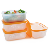 Set of Tupperware Freezer Mates plus small Shallows filled with frozen broccoli and baby carrots