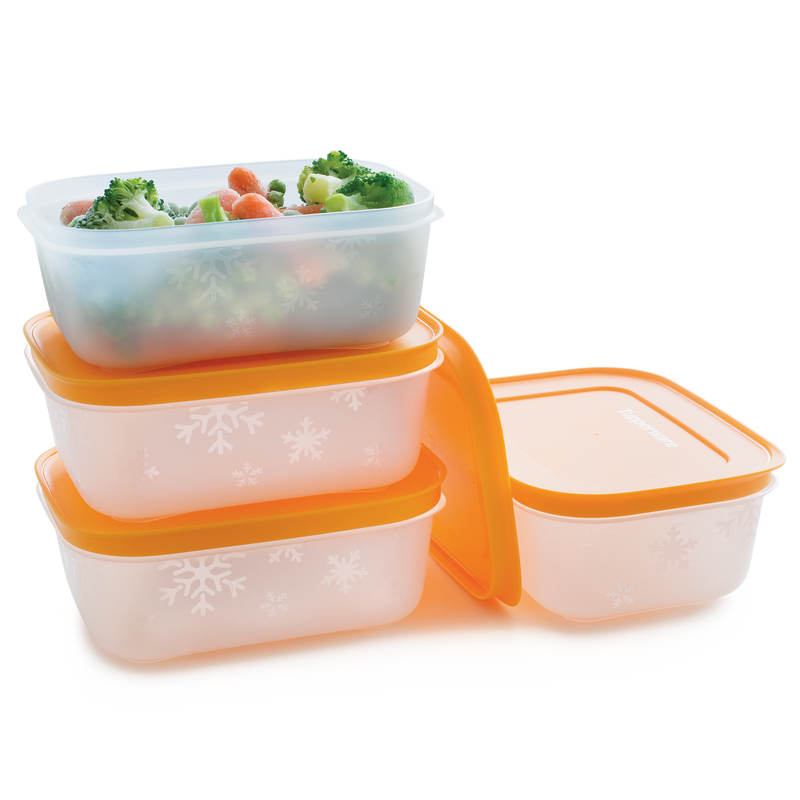 Set of Tupperware Freezer Mates plus small Shallows filled with frozen broccoli and baby carrots