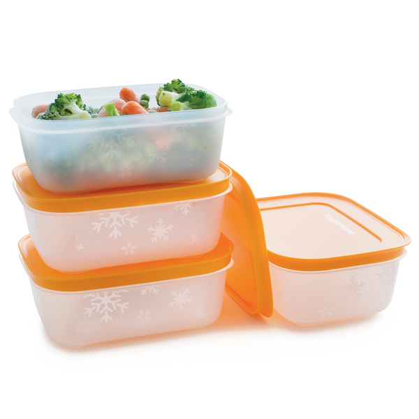 Set of Tupperware Freezer Mates plus small Shallows filled with frozen broccoli and baby carrots